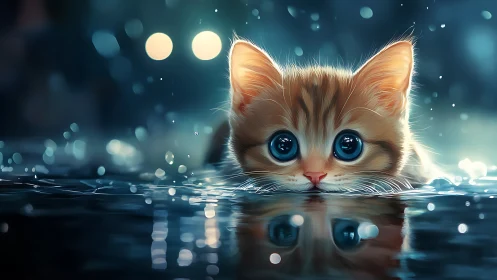 Luminous Feline Portrait in Aquatic Nocturne Setting.