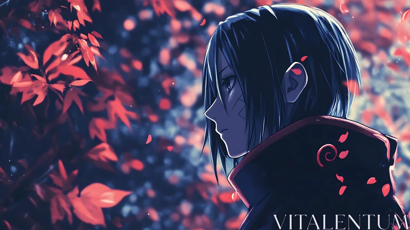 Quiet anime wanderer pauses under drifting crimson leaves