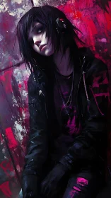 Emo teen in dark clothing leans against vivid pink wall