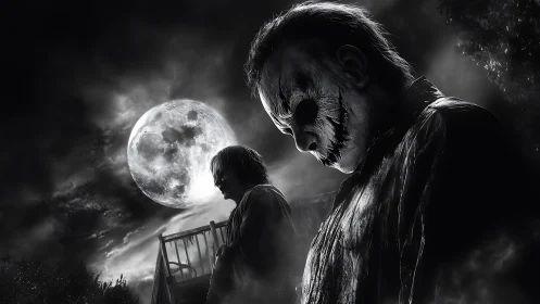 Haunted masked figure broods beneath an ominous full moon.
