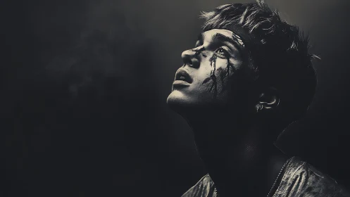 Wounded young man gazes upward in haunting monochrome silence