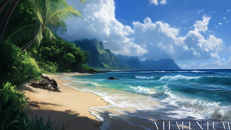 Velvet Shoreline Whispers: Where Palms Caress Crystalline Waves.