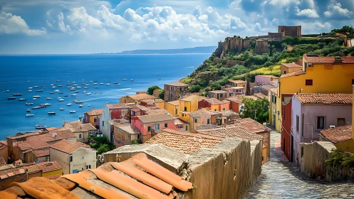 Coastal hillside town descends toward a harbor filled with boats