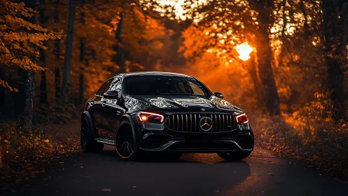 Black Mercedes SUV on forest road in low autumn sunlight.