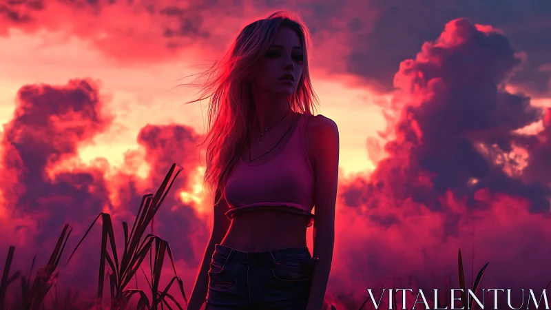 Neon sunset silhouette of woman in cinematic pink haze.