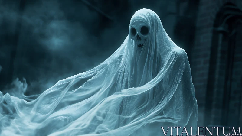 Ghostly specter drifts through eerie blue fog at night.