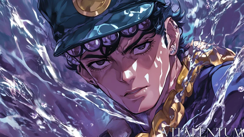 Storm-eyed hero cutting through roaring violet waters.