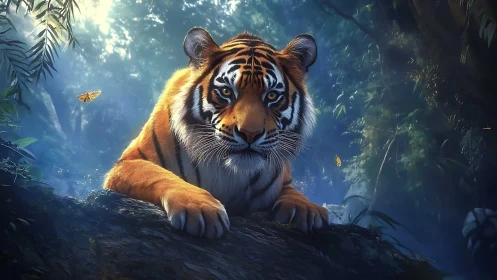 Gentle tiger resting in a dreamy blue forest glow.