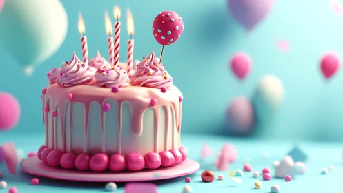 Pink Birthday Cake with Lit Candles Against Turquoise Background