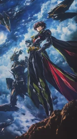 Skybound anime hero standing tall with futuristic mecha allies.