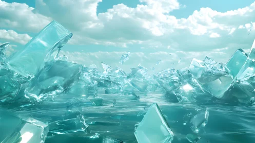 Surreal Floating Ice Cubes on Water Under Bright Cloudy Sky.