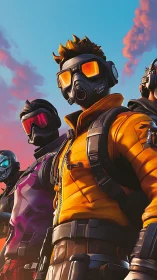 Squad of masked fighters stands in stylized sunset sky