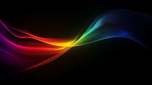 Chromatic light ribbons sweep across deep black field.