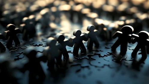 Metallic puzzle figures form connected human chain.