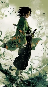 Samurai in hydrodynamic swirl with floral-patterned haori.