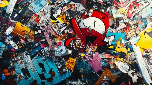 Layered street collage with distressed pop graffiti forms.