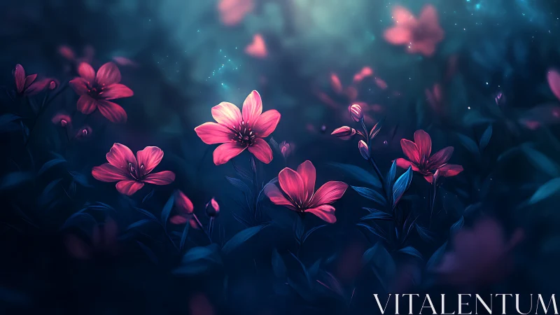 Pink flowers bloom against dark blue bokeh background with light effects.