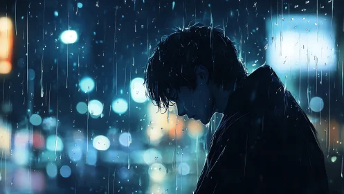 Melancholic boy silhouette in neon city rainstorm night.