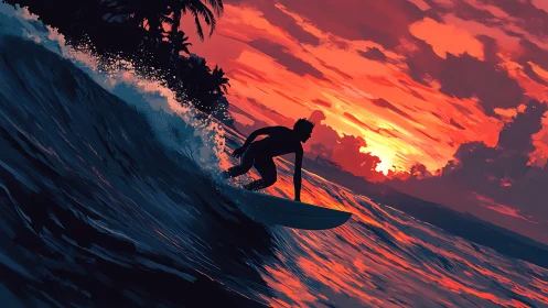 Silhouette surfer cuts firelit waves beneath a molten sky
