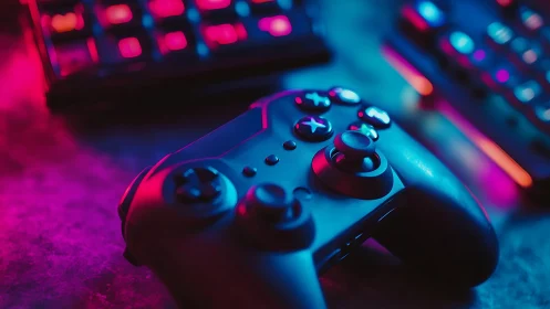 Game controller on desk with RGB backlit peripherals.