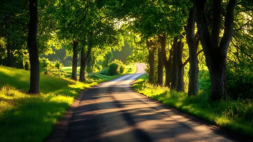 Sunlit country lane winding softly through green trees.