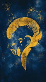 Golden ram silhouette swirling through deep midnight blues.