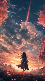 Solitary girl under comet streak in blazing sunset sky.