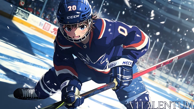 Anime hockey skater charges forward across bright ice rink