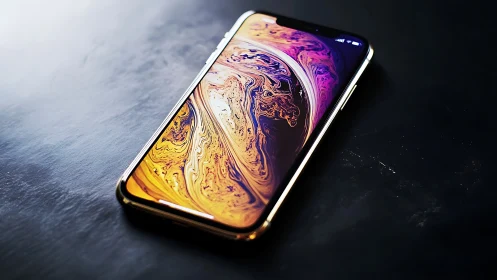 Premium smartphone with gold glass edge and vivid swirl display.