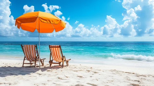Sunny shoreline with orange umbrella and striped chairs.