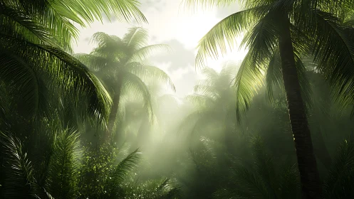 Tropical Palm Forest Illuminated by Filtered Sunlight through Mist