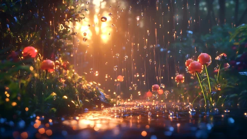 Sunlit rain falls onto orange flowers in a forest clearing