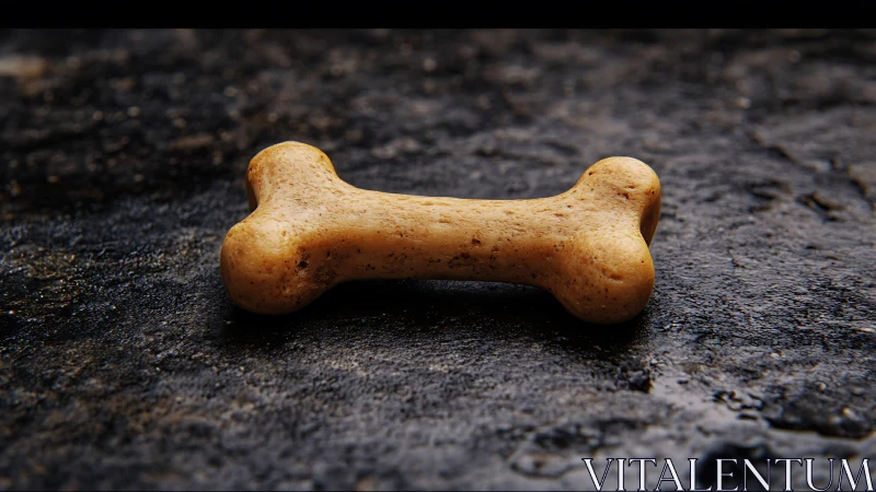 Cinematic closeup of dog bone biscuit on textured stone ground.
