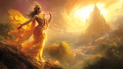 Luminous river deity ascending toward radiant celestial citadel.