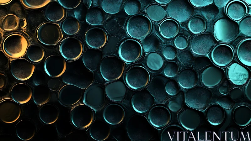 Abstract metallic bubbles pattern with teal and gold highlights.