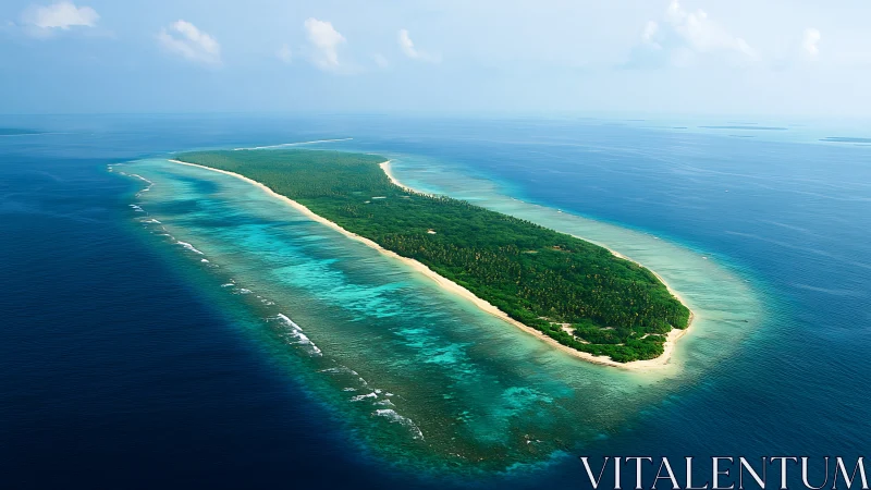 Tropical Island Atoll Surrounded by Turquoise Coral Reef Waters.