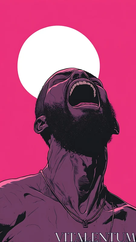 Powerful shout reaches sky under bold white sun circle