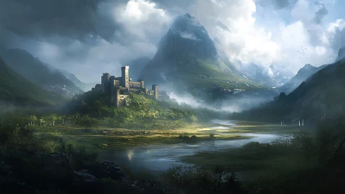 Fortified valley citadel under dynamic volumetric cloudscape.