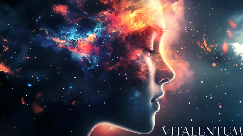 Cosmic nebula portrait merging female profile with starlit void.