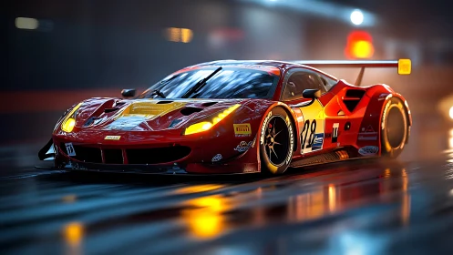 Night race hypercar slicing through rain-soaked circuit.