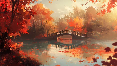Arched wooden bridge spans reflective autumn lake under diffused light