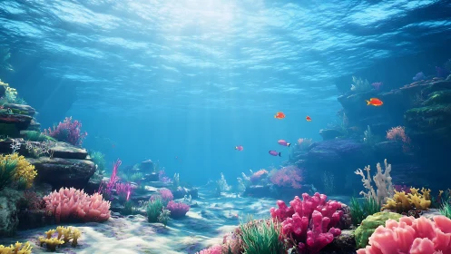 Sunlit coral reef panorama with vivid tropical fish life.