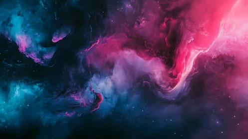 Vibrant pink and teal cosmic nebula curls through deep space