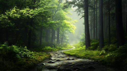 Luminescent Forest Corridor: Atmospheric Path Through Ancient Woodland.