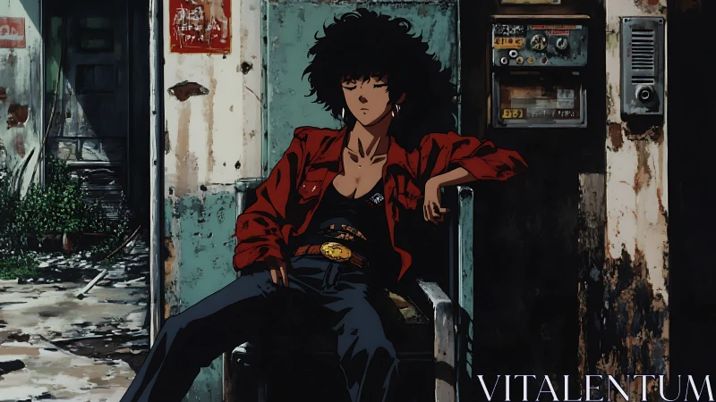 Lone alley throne of the red‑jacketed drifter kingpin.