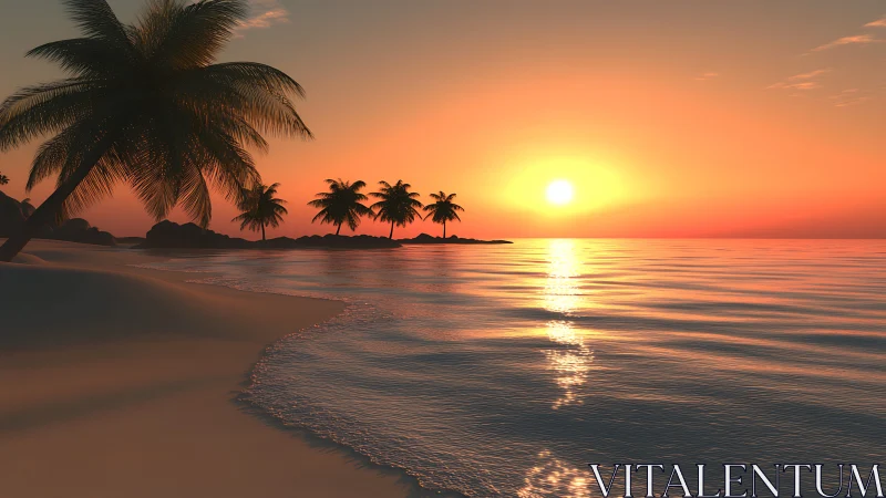 Tropical shoreline with palm trees at calm ocean sunset.