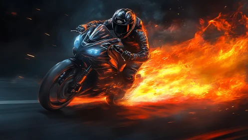 Motorcycle rider blazes through night in a trail of fire.