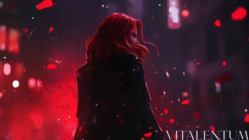 Red haired woman walks through neon drenched night city.