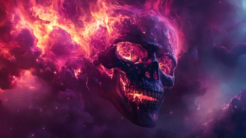 Blazing cosmic skull burns through swirling violet nebula