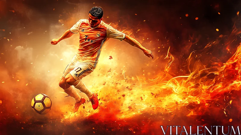 Dynamic soccer forward striking ball amid sweeping fire trails